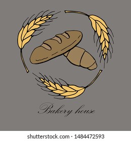 Vector drawing of bakery products drawn by hand. Cartoon image of fresh pastries and wheat ears. Emblem in the form of illustrations for signs bakery with a place for the name. Baker's family crest.
