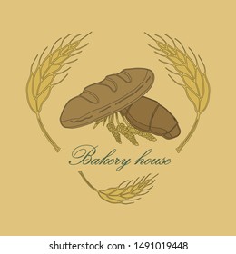 Vector drawing of bakery products drawn by hand.Cartoon image of baking and wheat ears drawn with chalk on the Board.Emblem in the form of illustrations for signs bakery with a place for the name.14_0