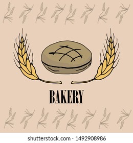 Vector drawing of bakery products drawn by hand. Cartoon image of fresh pastries and wheat ears. Emblem in the form of illustrations for signs bakery with a place for the name.Baker's family crest.7.0