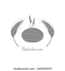 Vector drawing of bakery products drawn by hand. Cartoon image of pastries and ears of wheat in shades of gray. Emblem in the form of illustrations for signs bakery with a place for the name.11