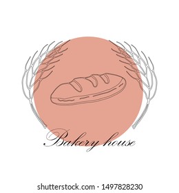 Vector drawing of bakery products drawn by hand. Cartoon image of fresh pastries and wheat ears. Emblem in the form of illustrations for signs bakery with a place for the name. Baker's family crest.4
