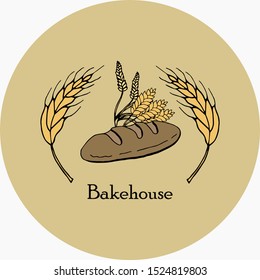 Vector drawing of bakery products drawn by hand. Cartoon image of fresh pastries and wheat ears. Emblem in the form of illustrations for signs bakery with a place for the name. Baker's family crest.8