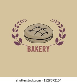 Vector drawing of bakery products drawn by hand. Cartoon image of fresh pastries and wheat ears. Emblem in the form of illustrations for signs bakery with a place for the name.Baker's family crest.7.0