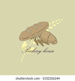 Vector drawing of bakery products drawn by hand.Cartoon image of baking and wheat ears drawn with chalk on the Board.Emblem in the form of illustrations for signs bakery with a place for the name.14_0