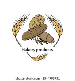 Vector drawing of bakery products drawn by hand. Cartoon image of fresh pastries and wheat ears. Emblem in the form of illustrations for signs bakery with a place for the name. Baker's family crest.6