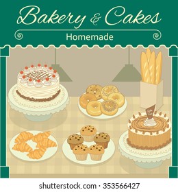 Vector drawing bakery&cakes home made display for showcase of cafe.