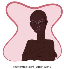 Vector Drawing Of Bald People Skinhead Black Skin Woman With Eyes Closed On Pink Background