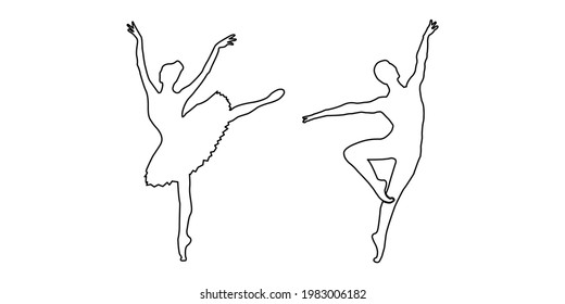 Bailarina de dibujo vectorial y bailarina de ballet en danza. Silueta blanca y negra de bailarinas. Ilustración aislada sobre fondo blanco.