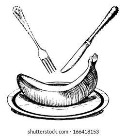Vector drawing of banana stylized as engraving. 