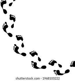 Vector drawing of bare footprints of a person in black on a white background, curved path of a person for a design template. hand drawn human feet leaving a footprint