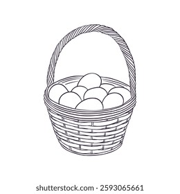 vector drawing basket with eggs, Easter monochrome line composition at white background, hand drawn illustration