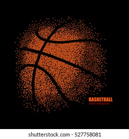 Vector drawing of a basketball on a black background, design for basketball game, grunge background.