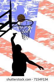 Vector drawing basketball player and ball against american flag