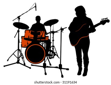 Vector drawing bass and drummer. Silhouette on white background.