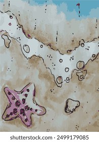 Vector drawing of beach near water, sea or ocean beach, sand and starfish, watercolor sketch