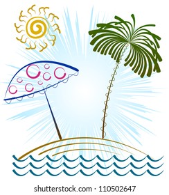 Vector drawing of the beach, palm, beach umbrella and sun.