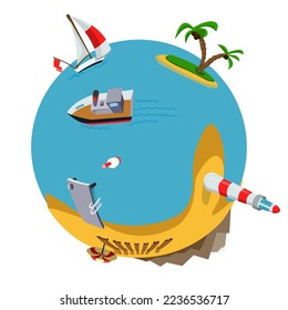 Vector drawing, beach and sea on a globe or globe.  Light image in 3D perspective. In the picture lighthouse ships, yacht palm trees and the sea. There is a pier and deck chairs at the bottom.
