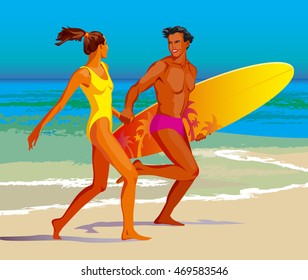 Vector drawing of beach sea tour. Boy and girl