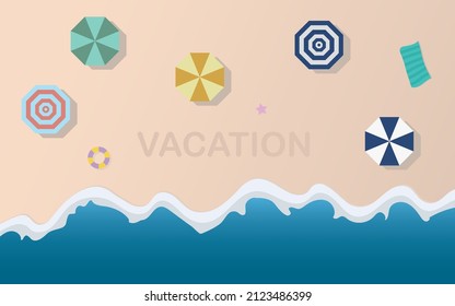 Dibujo vectorial de una playa vista desde arriba. Afiche con espacio para escribir.