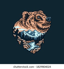 Vector drawing of bear forest landscape, hand drawn line style with digital color