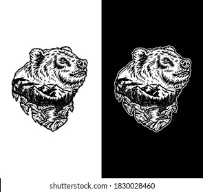 Vector drawing of bear forest landscape, isolated on dark and bright background