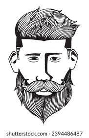 Vector drawing, bearded man, hairstyle, hand drawn.