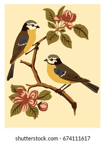 Vector drawing of beautiful bright birds and flowers pattern on ivory background