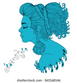 Vector drawing beautiful face in profile fashionable turquoise girl, with hairstyle with pigtails and wavy hair. On a white background