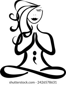 Vector drawing of a beautiful female that is meditating in a yoga pose with a semi colon on the tummy