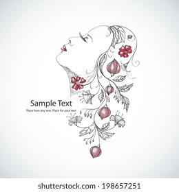 Vector drawing of beautiful girl with floral decoration