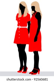 Vector drawing beautiful girl in red dress