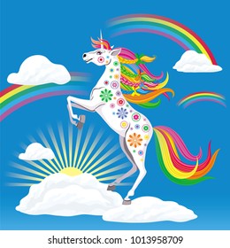 Vector drawing of a beautiful white unicorn with rainbow braided mane, walks on the clouds in the blue sky, and around unicorn sparkle colorful rainbow