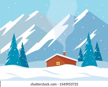 Vector drawing of beautiful winter morning mountains landscape with pines and house