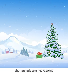 Vector drawing of a beautiful winter nature scene with snowy mountains and Christmas tree, square background