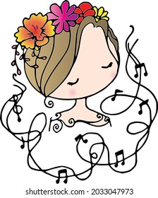 vector drawing beauty with flowers and music icon picture