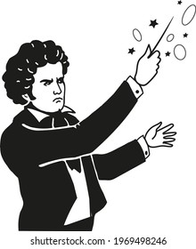 vector drawing of Beethoven conducting an orchestra