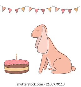 Vector drawing of a beige hare or rabbit with birthday cake and garland in boho style on a white background. Clipart for business card, logo, booklet, design
