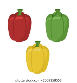 Vector drawing with bell pepper. Image of multi colored peppers isolated on a white background. Colored logo. Square illustration with vegetables.