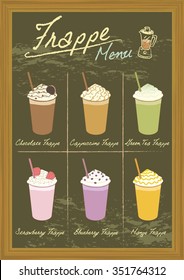 Vector drawing beverage frappe on blackboard.Menu for coffee or bakery shop.