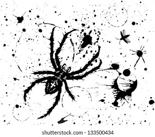 Vector drawing of  big black spider against the background of blots and stains.