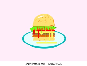 vector drawing big hamberger with cheese , tomato ,vegetables are in the blue plate.