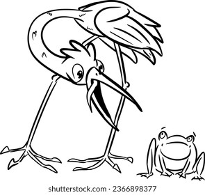 Vector drawing of big stork,egret and small frog,toad. Hand drawn, cartoon style,doodle,black and white,contour, silhouette,sketch. Animal,bird,amphibia,wild,swamp,nature,cute,silly,funny,character. svg