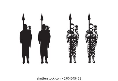 Vector drawing of Bigthan and Teresh: two eunuchs in service of the Persian king Ahasuerus, according to the Book of Esther.
Black silhouettes