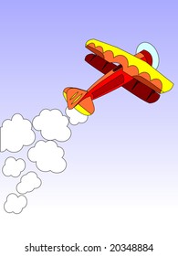 vector drawing of a biplane with smoke trail. all components are on labeled layers for easy editing sky is a blend of layers, not a gradient