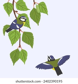 vector drawing birch branches with green leaves and tit birds, natural background, hand drawn illustration