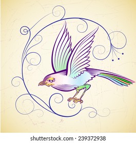 Vector drawing bird with calligraphic design elements. Illustration in style of an vintage engraving.