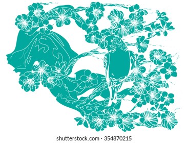 Vector drawing bird and cherry blossoms. Drawing by hand for background and text.
