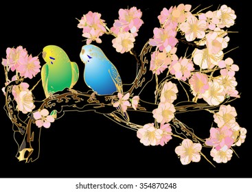 Vector drawing bird and cherry blossoms. Drawing by hand for background and text.