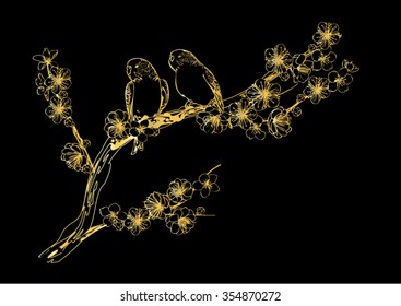 Vector drawing bird and cherry blossoms. Drawing by hand for background and text.