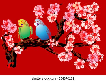 Vector drawing bird and cherry blossoms. Drawing by hand for background and text.